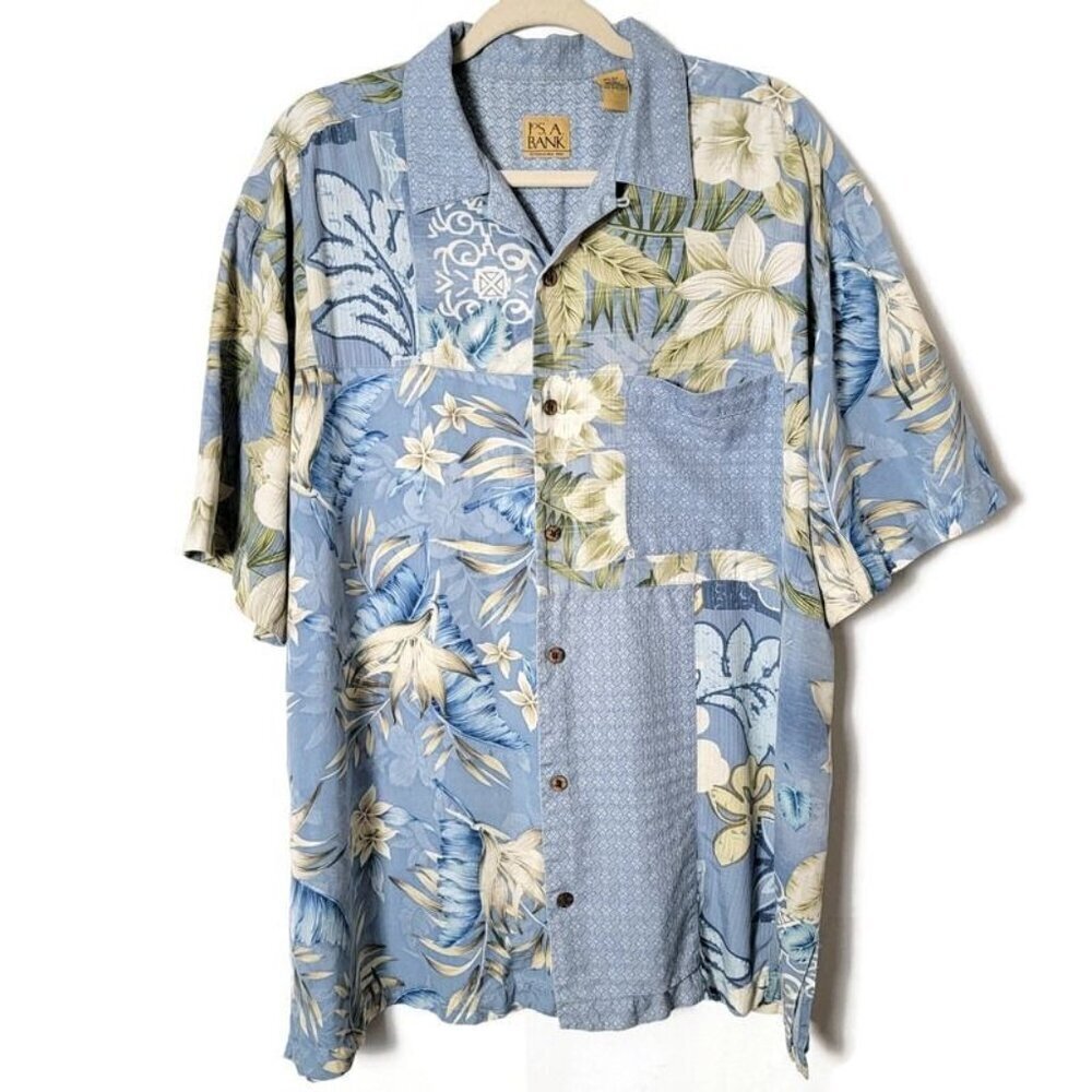 Jos A Bank Blue Silk Hawaiian Floral Vacation Short Sleeve Button Up Shirt XL